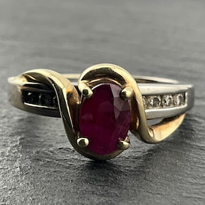 Vintage 10K Two Tone Gold Ruby & Diamond Accent Bypass Ring, UK Size O, US Size 7, EU Size 54
