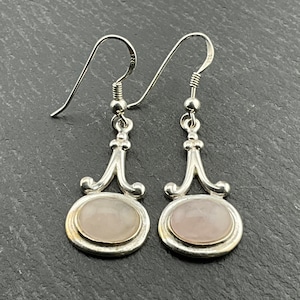 Vintage Sterling Silver Rose Quartz Fancy Dangle Earrings