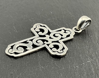Collier pendentif crucifix croix floral en argent sterling vintage
