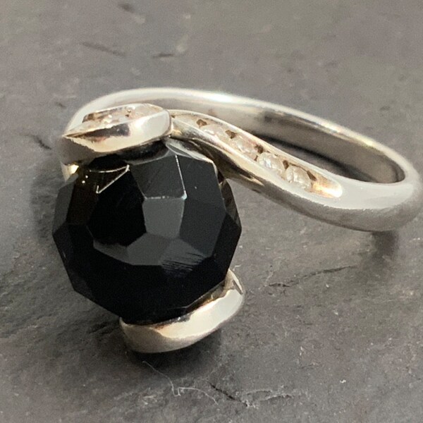 Vintage Black Cubic Zirconia Sterling Silver Statement Ring, UK Size Q, US Size 8, EU Size 56 3/4