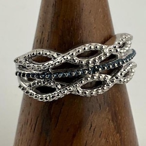 Vintage Black Diamond Sterling Silver Twist Ring, UK Size Q, US Size 8, EU Size 56 3/4