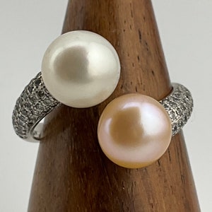 Vintage Pearl & Cubic Zirconia Sterling Silver Solitaire Statement Ring, UK Size O, US Size 7, EU Size 54