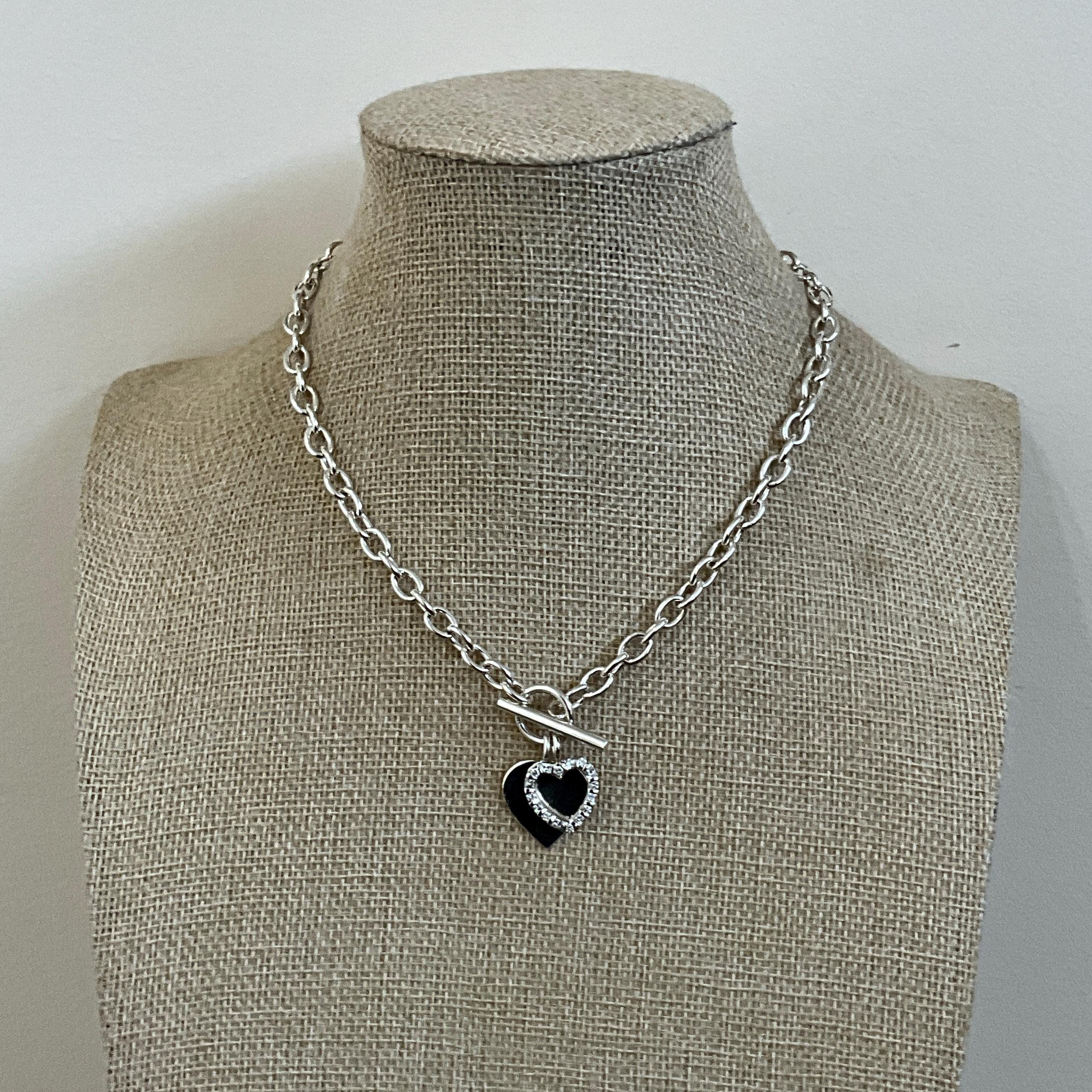Vintage Heavy Sterling Silver Cubic Zirconia Heart T-bar