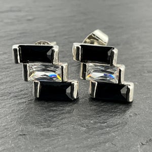 Vintage Cubic Zirconia & Onyx Sterling Silver Stud Earrings