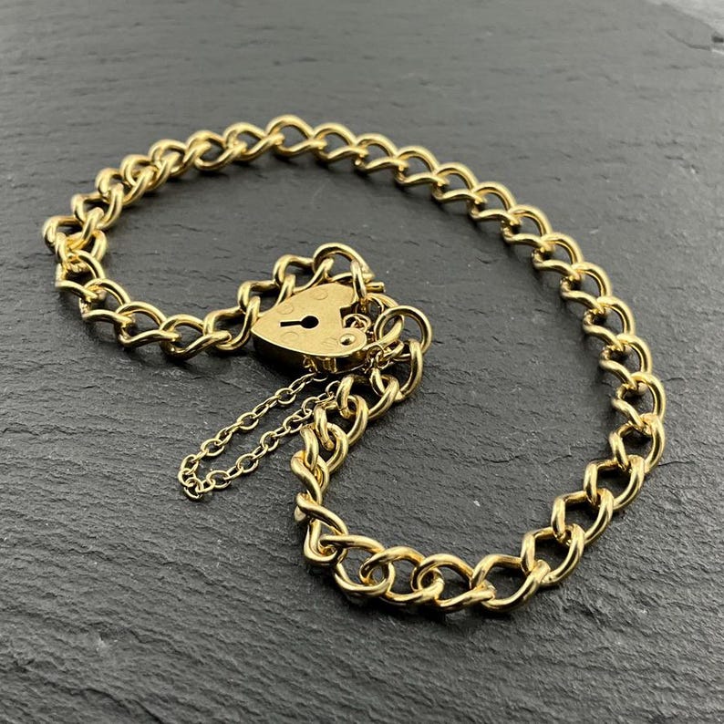 Vintage 9ct Gold Curb Link With Rivet Heart Padlock Chain Bracelet ...