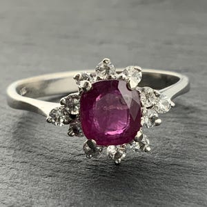 Vintage Ruby & White Spinel Sterling Silver Flower Cluster Halo Ring, UK Size O1/2, US Size 7 1/4, EU Size 54 1/2