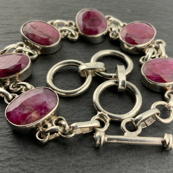 Vintage Sterling Silver Ruby Panel Link Bracelet