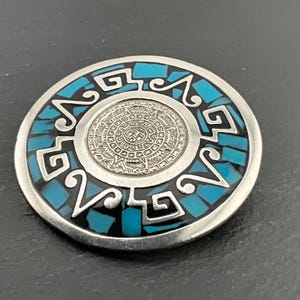 Vintage Turquoise Heavy Sterling Silver Mexico Mayan Calendar Brooch Pendant