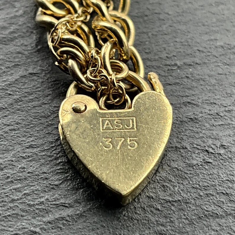 Vintage 9ct Gold Curb Link With Rivet Heart Padlock Chain Bracelet ...