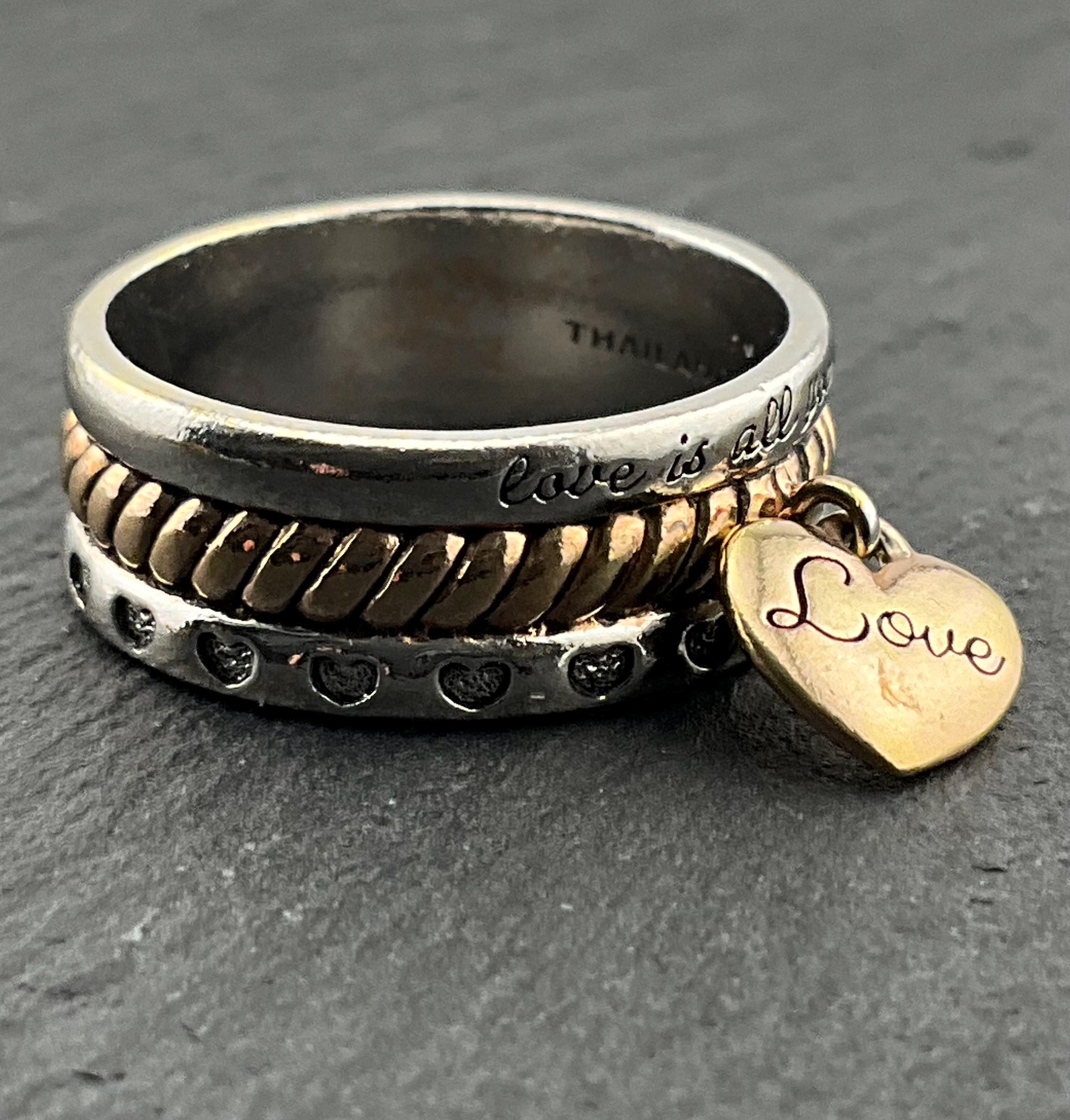 Vintage Love Heart Sterling Silver Charm Band Ring, UK Size