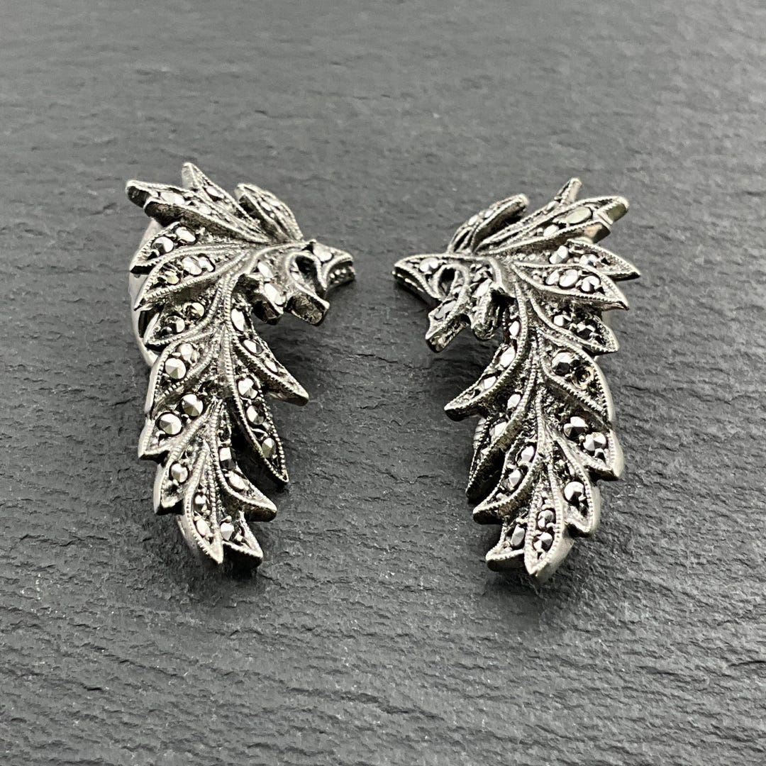 Vintage Marcasite Sterling Silver Leaf Clip-on Earrings - Etsy display picture 1