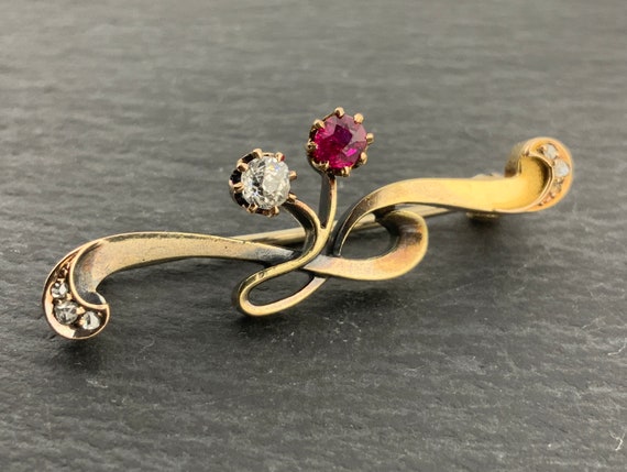 Broche Et Pendentif Ancien En Or 18 Carats - Serti De Rubis Et Diamants, Bijou Vintage