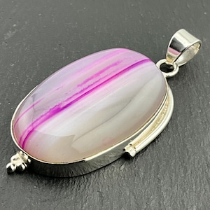 Vintage Pink Banded Agate Heavy Sterling Silver Oval Statement Pendant