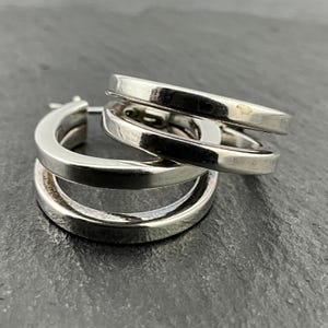 May include: A pair of silver hoop earrings with a double-layered design. The earrings are simple and elegant.
