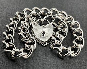 Vintage Sterling Silver Heart Padlock Charm Bracelet