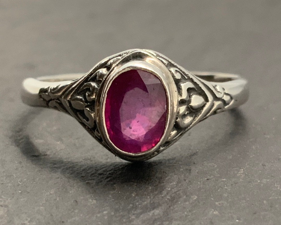 Vintage Ruby Sterling Silver Fancy Solitaire Ring UK Size T - Etsy