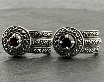Boucles D'oreilles Vintage Années 90 En Argent Sterling 925 Avec Grenat - Grandes, Tombantes, Fait Main UK