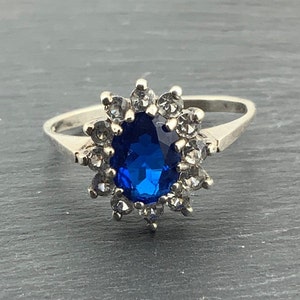 Vintage Sapphire Blue & White Topaz Sterling Silver Halo Ring, UK Size Q1/2, US Size 8 1/2, EU Size 58