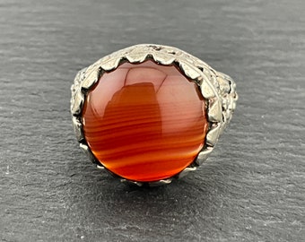 Anello di dichiarazione fantasia in argento sterling con agata fasciata con corniola vintage, taglia UK N1/2, taglia USA 6 3/4, taglia EU 53 1/4