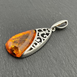 Vintage Amber Sterling Silver Fancy Teardrop Pendant