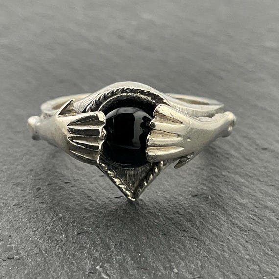 Vintage Onyx Solitaire Sterling Silver Band Ring, UK Size O, US