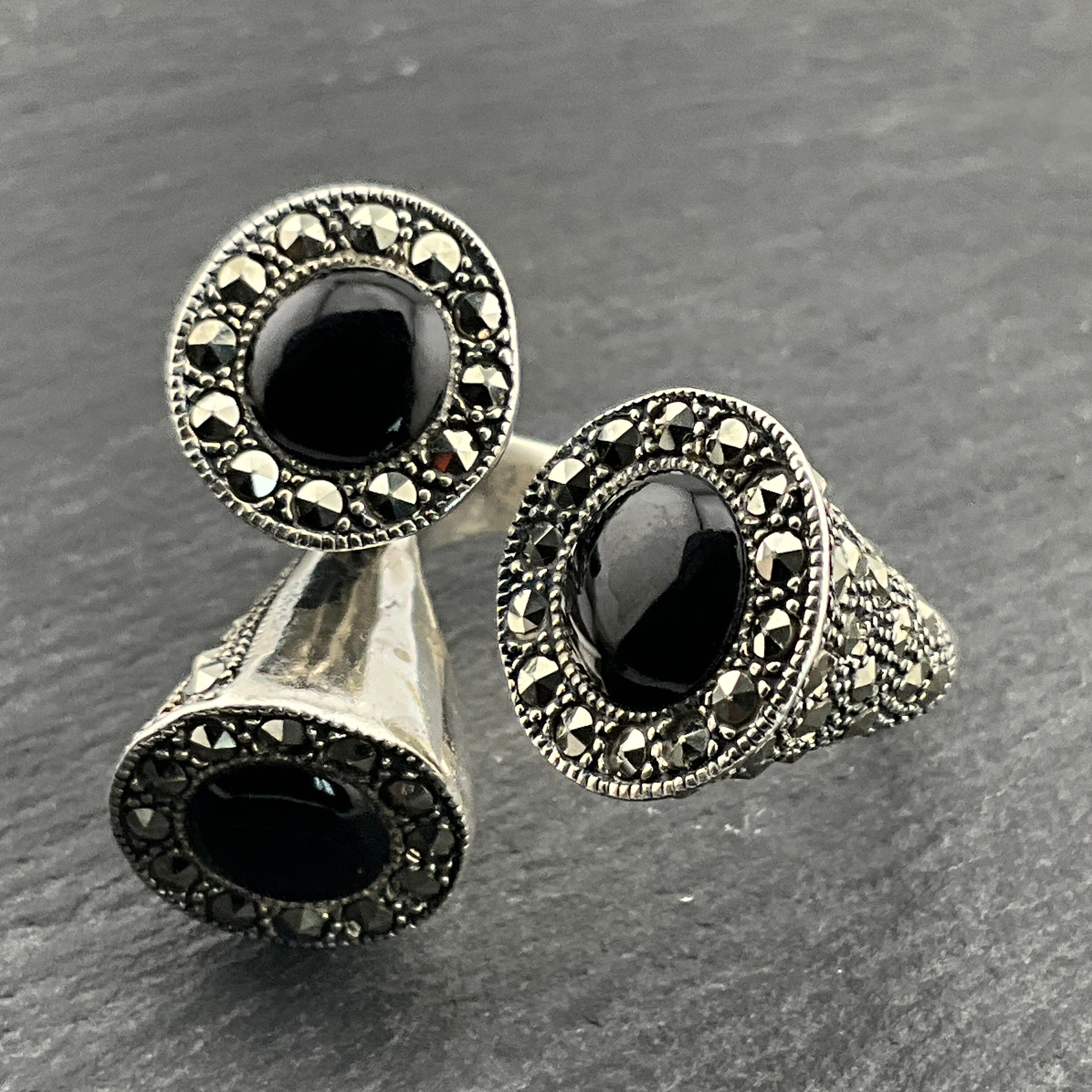 Vintage Black Onyx & Marcasite Sterling Silver Torque Ring