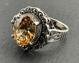 Vintage Citrine & Marcasite Sterling Silver Statement Ring, UK Size R, US Size 8 3/4, EU Size 58 1/2