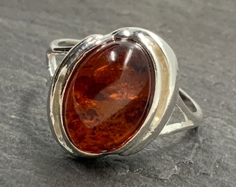 bague vintage Amber Sterling Silver Fancy Statement, taille UK K1/2, taille US 5 1/4, taille EU 50 1/4