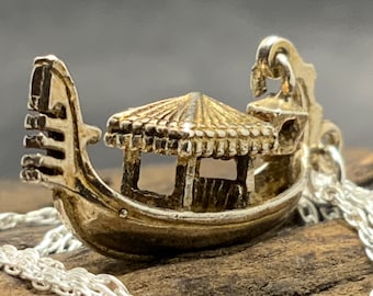 Vintage Sterling Silver Boat Pendant Necklace