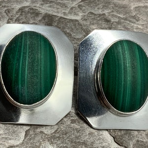 Vintage Large Sterling Silver Malachite Clip On Earrings