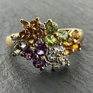 May include: A gold ring featuring a cluster of round-cut gemstones in various colours, including purple amethyst, yellow citrine, light blue topaz, and green peridot, all set in a dense, multi-stone arrangement on a polished gold band.