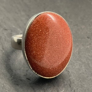 Vintage Goldstone Oval Sterling Silver Statement Ring, UK Size N, US Size 6 1/2, EU Size 52 3/4