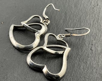 Vintage 925 Sterling Silver Open Heart Dangle Earrings JV 1988