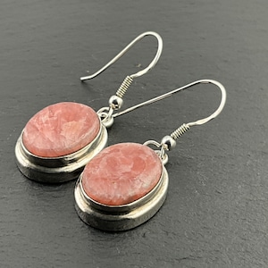 Vintage Heavy Sterling Silver Rhodochrosite Oval Dangle Earrings