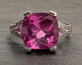 Vintage Diamond, Ruby & Pink Tourmaline Sterling Silver Fancy Solitaire Ring, UK Size Q1/2, US Size 8 1/2, EU Size 58