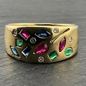 Vintage 14ct Gold Sapphire, Ruby, Emerald & Diamond Multi-Gemstone Chunky Band Ring, UK Size Q1/2, US Size 8 1/2, EU Size 58