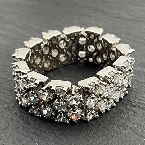 Vintage Cubic Zirconia Flexible Sterling Silver Band Ring, UK Size U, US Size 10 1/4, EU Size 62 1/4
