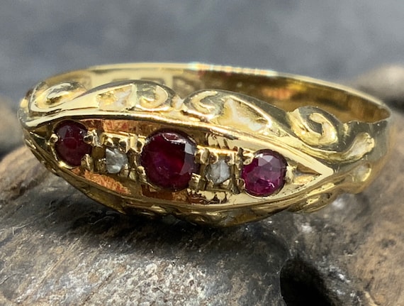 Antique 18ct Gold Ruby Diamond Ring, Size O1/2