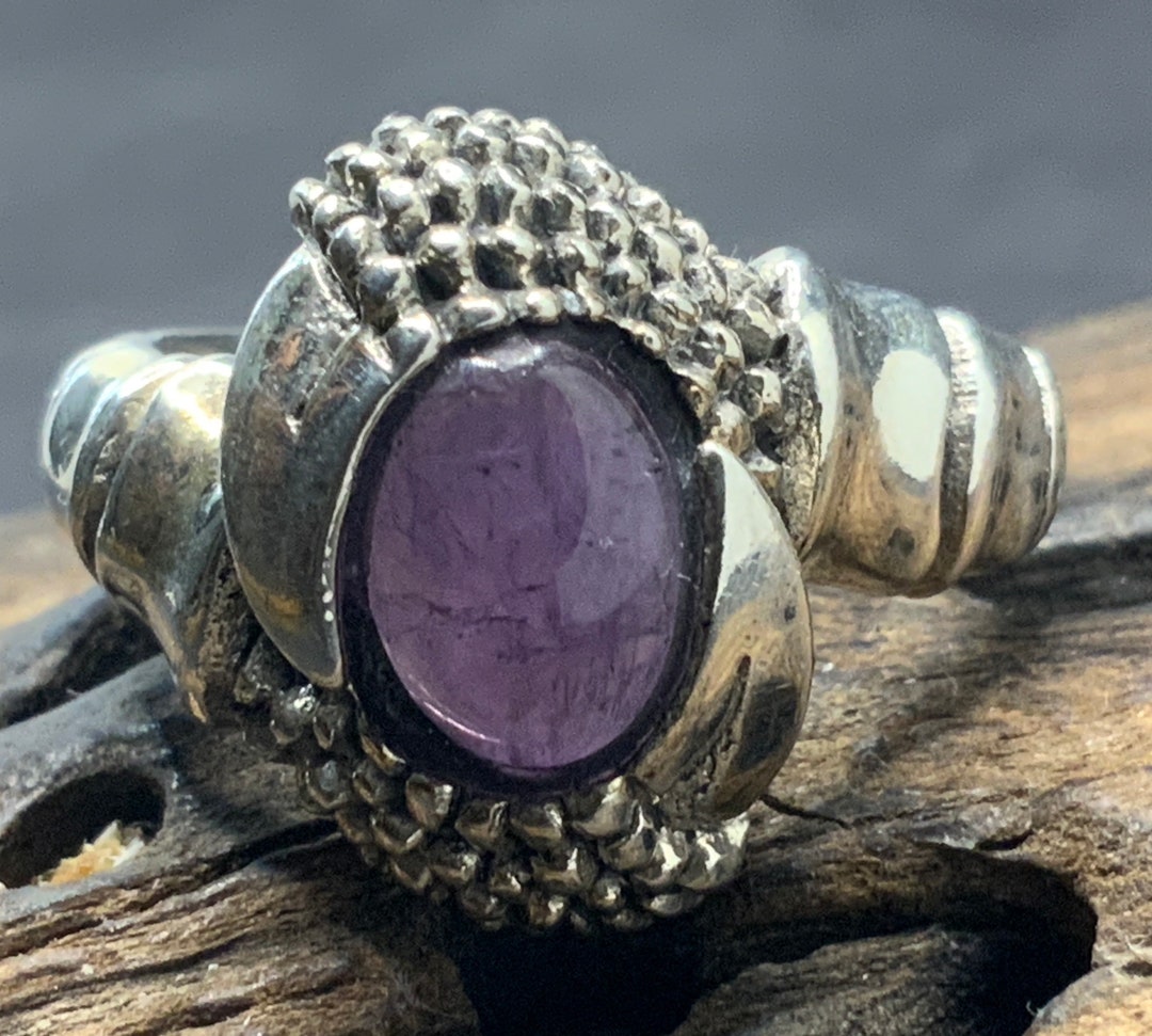 Bague Vintage En Argent Massif Avec Zircons Et Améthystes - Taille 56 - Occasion