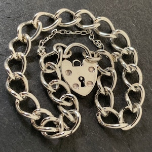 Vintage Sterling Silver Heart Padlock Charm Bracelet
