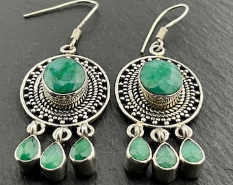 Vintage Sterling Silver Emerald Statement Dangle Earrings