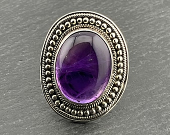 Vintage Amethyst Sterling Silver Statement Ring, UK Size O, US Size 7, EU Size 54