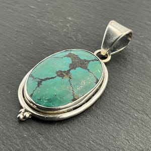 Vintage Turquoise Heavy Sterling Silver Oval Pendant Necklace