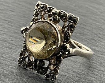 Anello vintage in argento sterling con citrino e marcasite, taglia UK M, taglia US 6, taglia EU 51 1/2