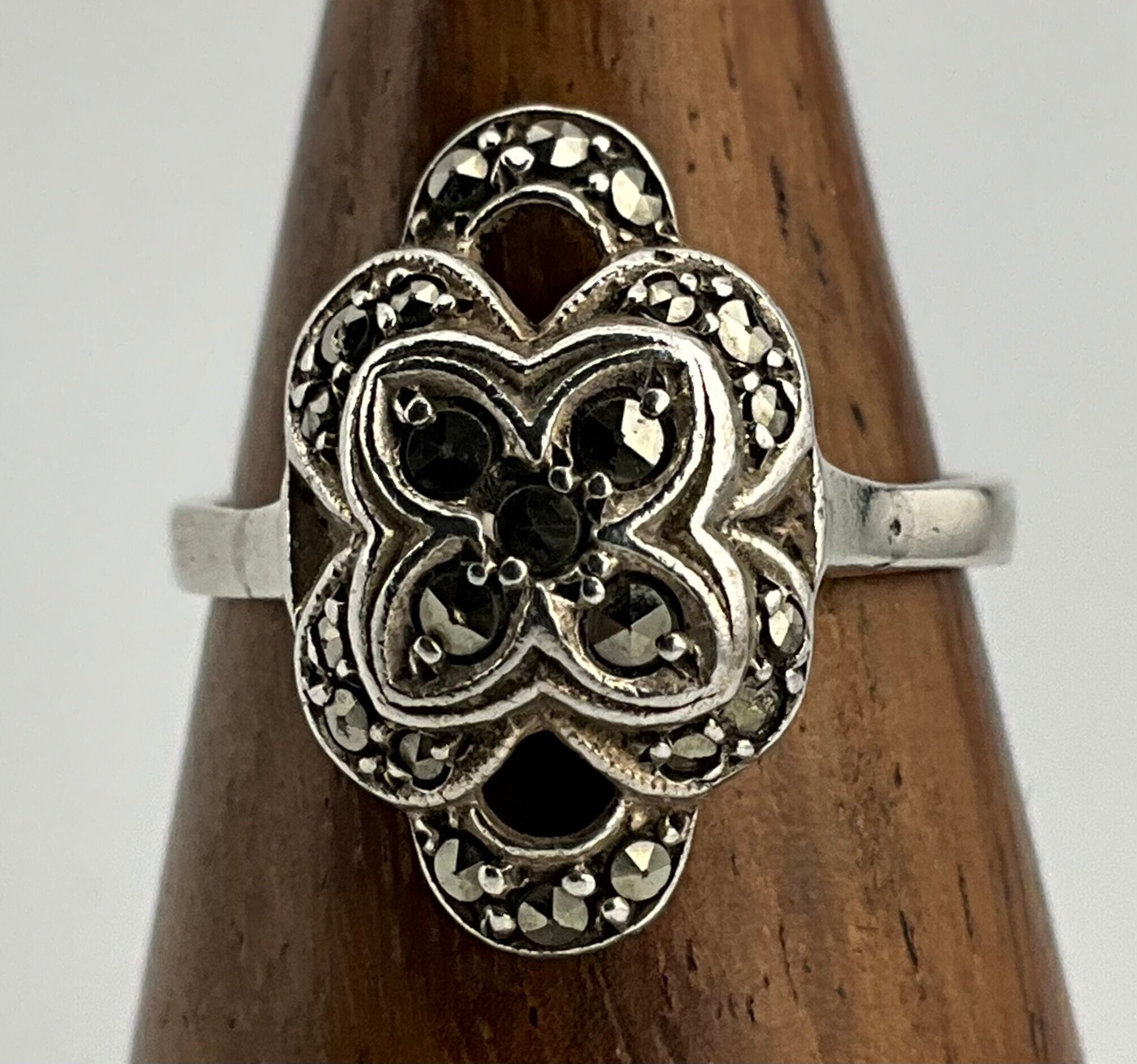 【高品質】 Statement Silver Sterling Marcasite Vintage Ring, K Size UK 14号～