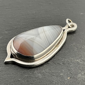 Vintage Pink Banded Agate Sterling Silver Teardrop Pendant