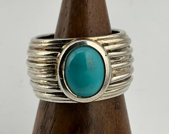 Könnte beinhalten: Ein Silberring mit einem Türkis-Stein, der in einer Zargenfassung sitzt. Der Ring hat ein breites Band mit mehreren Rillen.