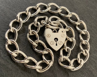 Vintage Sterling Silver Heart Padlock Charm Bracelet