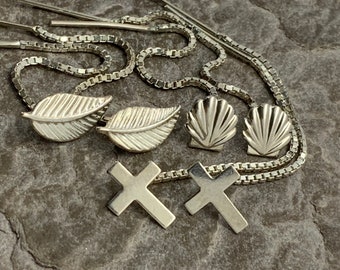 Vintage Sterling Silver Leaf Shell Cross Pull Through Earrings