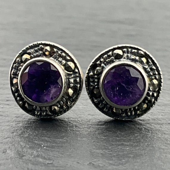 Boucles D'Oreilles Vintage En Argent 925 Avec Pierres Violettes - Dormeuses - Occasion